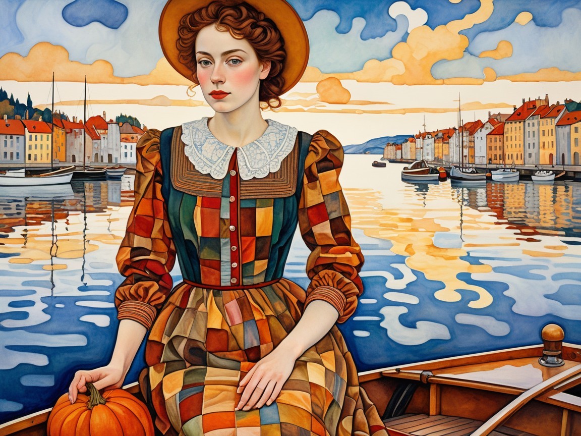 Woman in Checkered Dress with Pumpkin in Boat