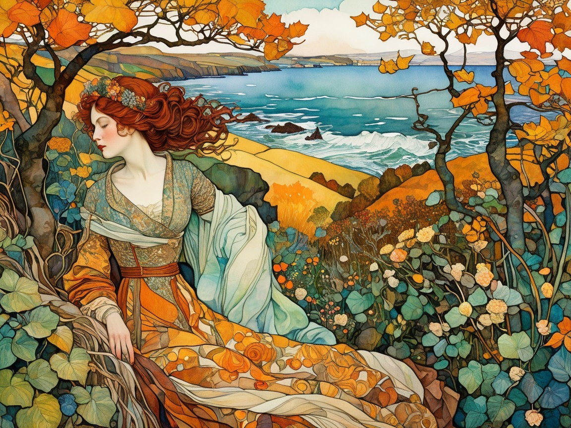 Serene Woman in Gown Surrounded by Autumn Foliage