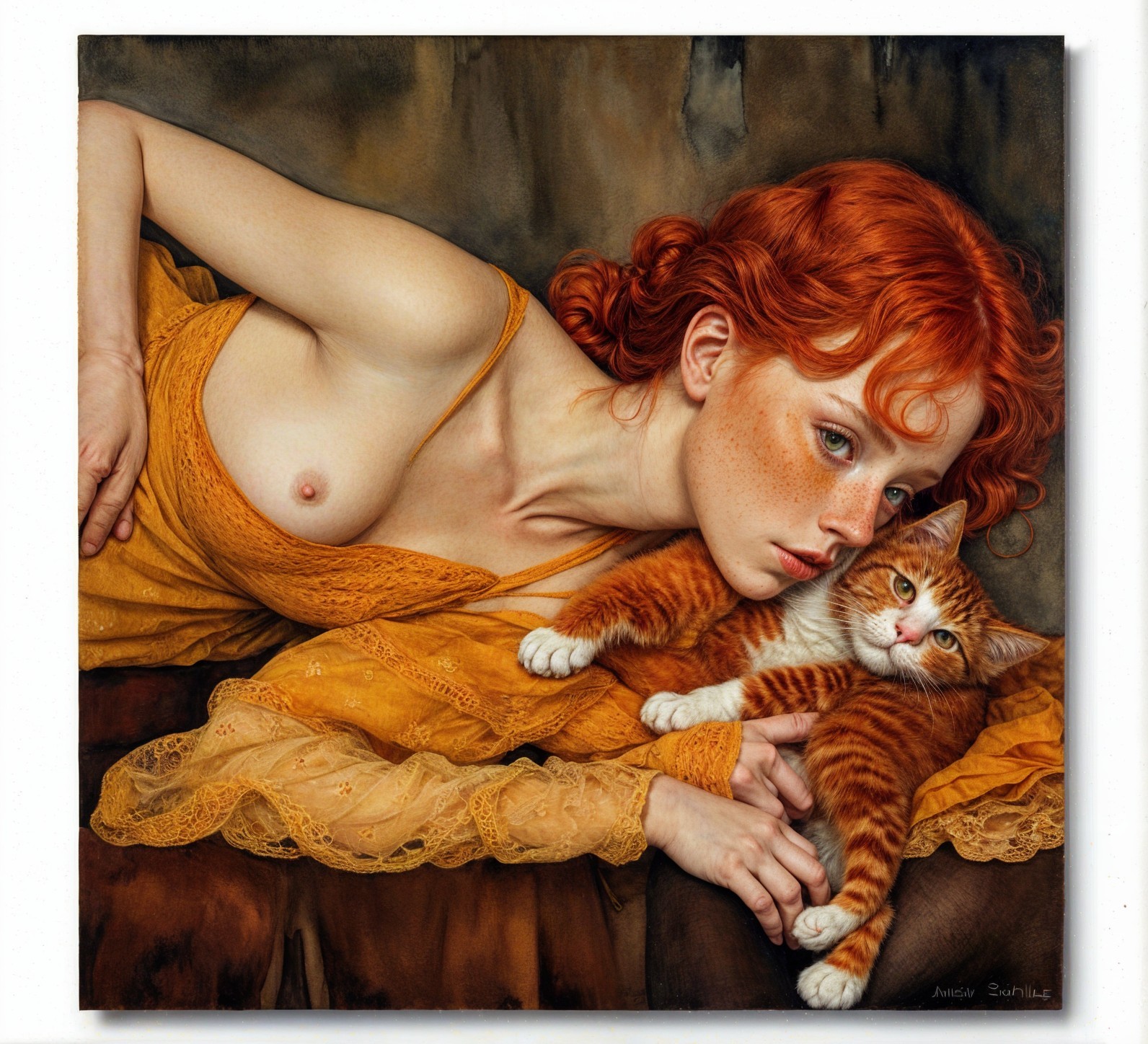 Woman with Red Hair and Cat in Soft Lighting
