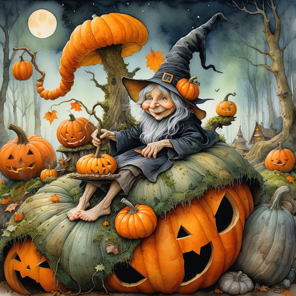 Elderly Witch on Pumpkin in Misty Forest Scene