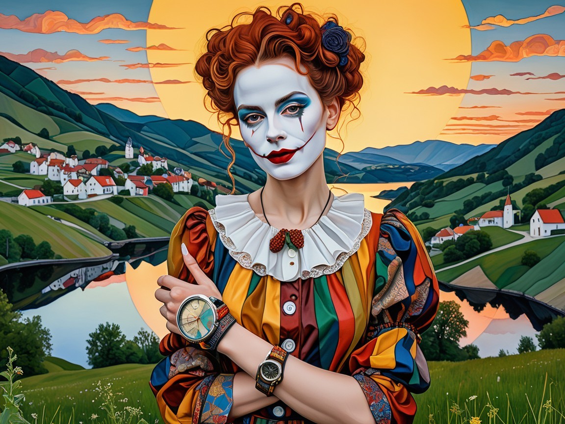 Woman in clown-inspired makeup with vintage outfit