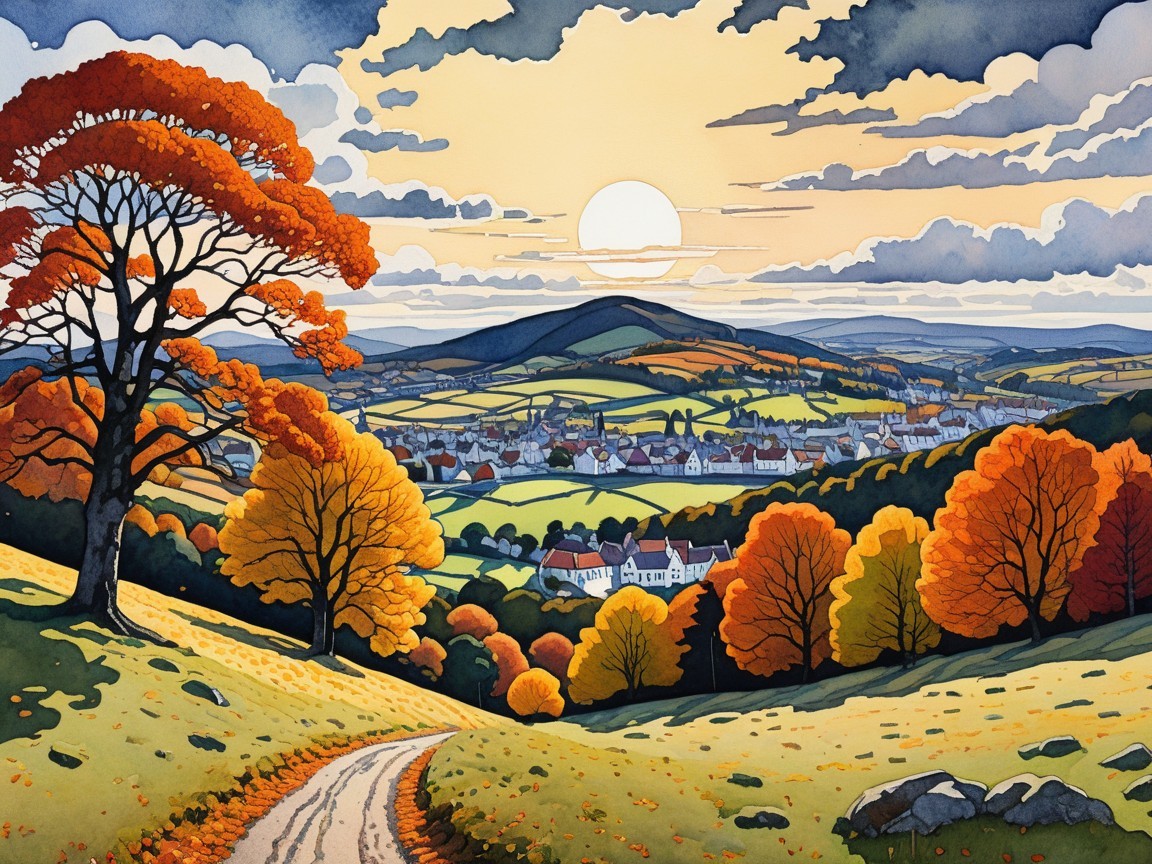 Sunset Landscape with Rolling Hills and Autumn Trees