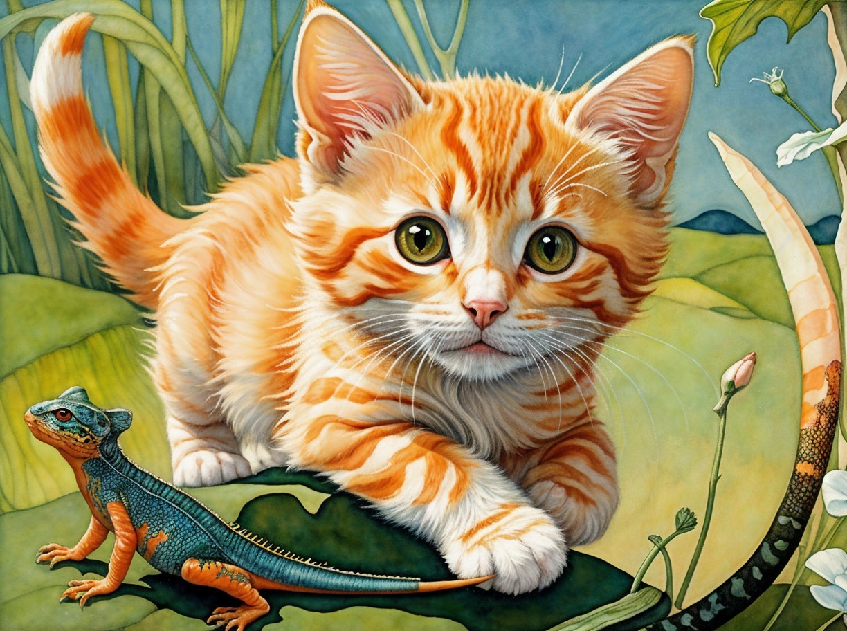 Orange Tabby Kitten Explores Lush Green Background