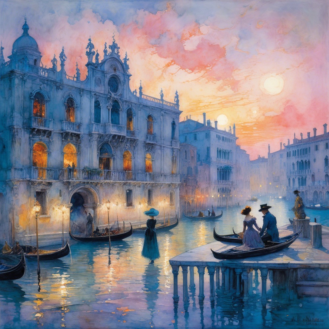 Watercolor Painting of Venice Canal at Sunset