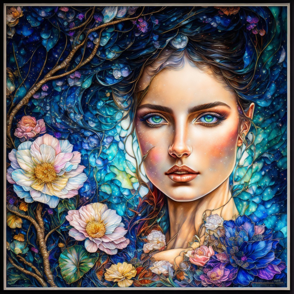 Female Figure Amid Vibrant Flowers and Foliage