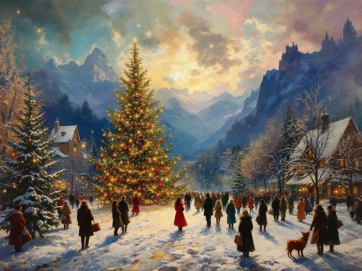 Winter Scene with Christmas Tree and Snowy Landscape