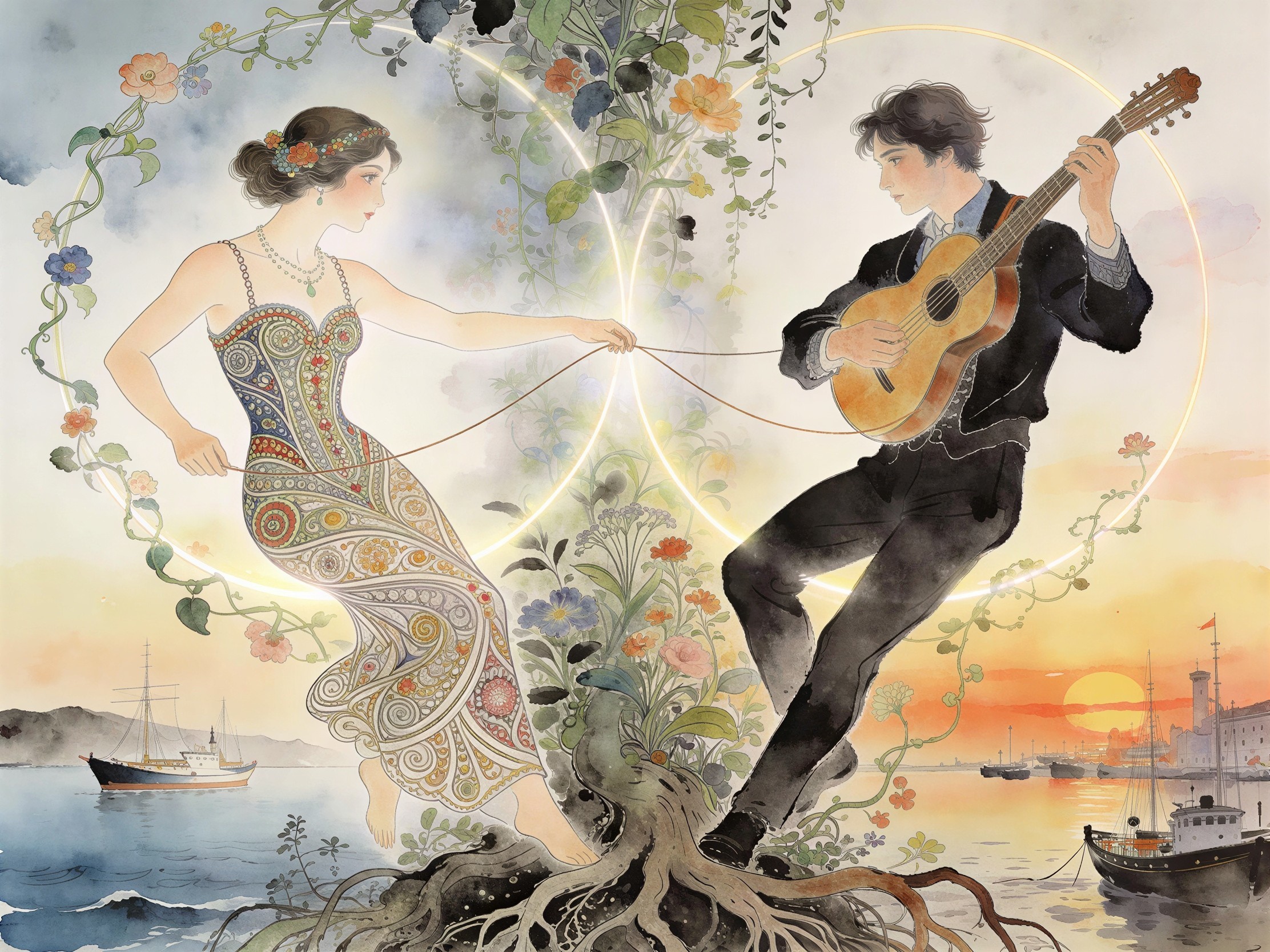 Surreal Watercolor of Couple in Dreamlike Landscape
