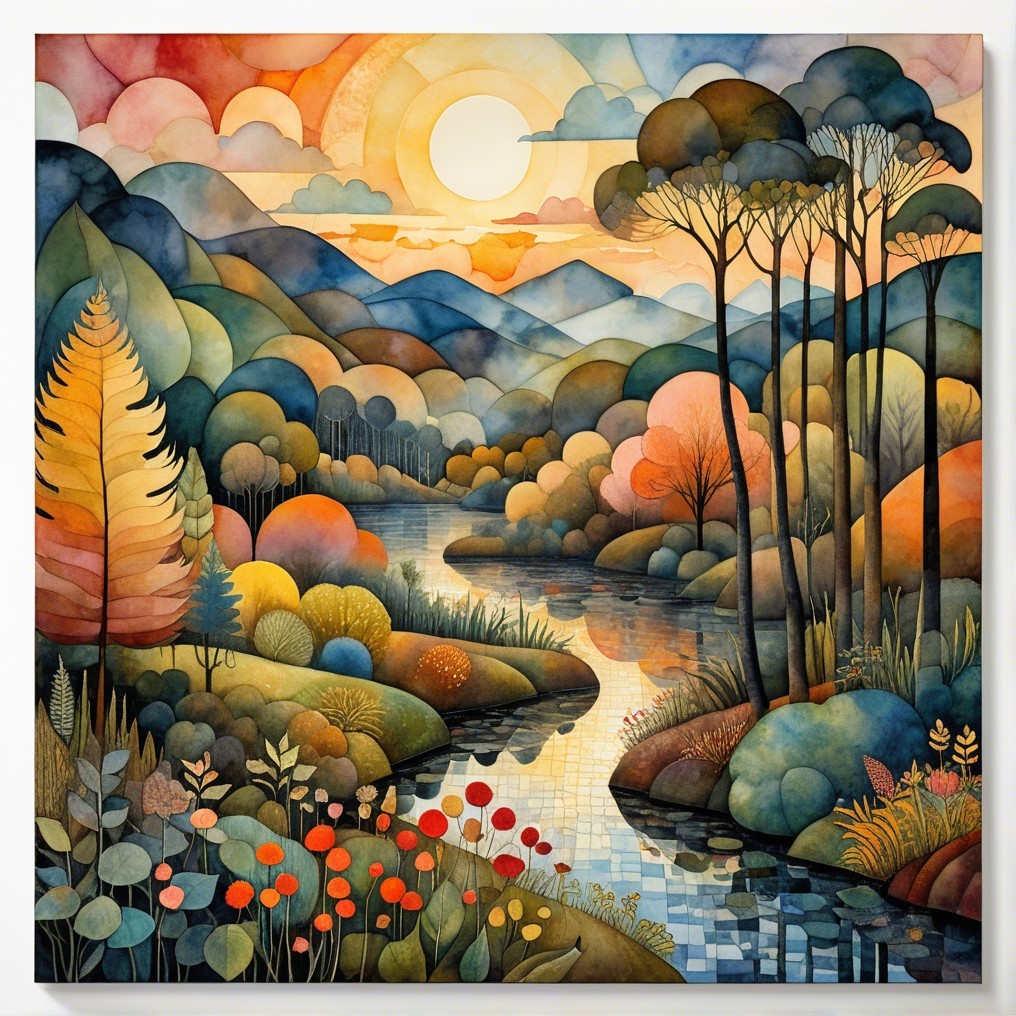Serene Landscape with River and Sunset Hues