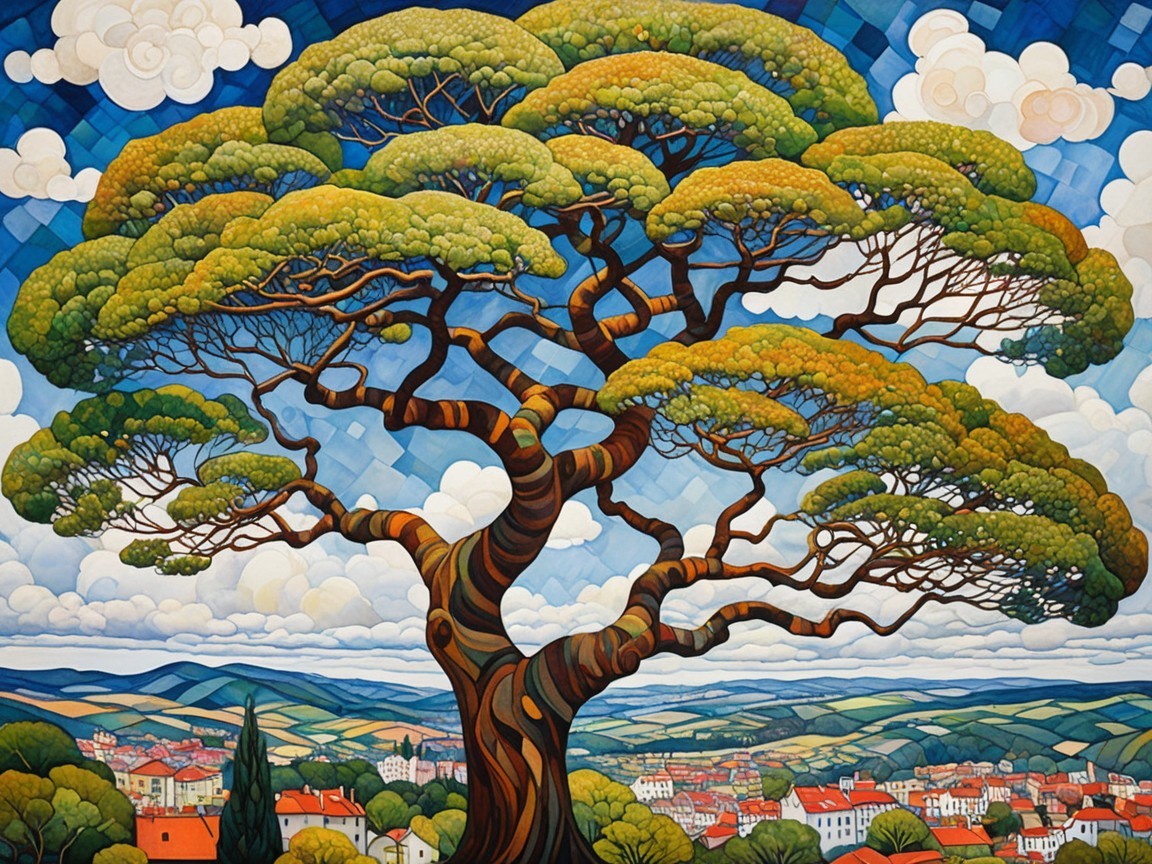 Vibrant Tree with Colorful Landscape and Sky