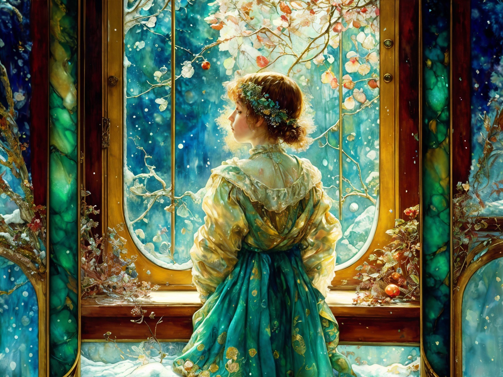 Young girl in turquoise dress by window with snow