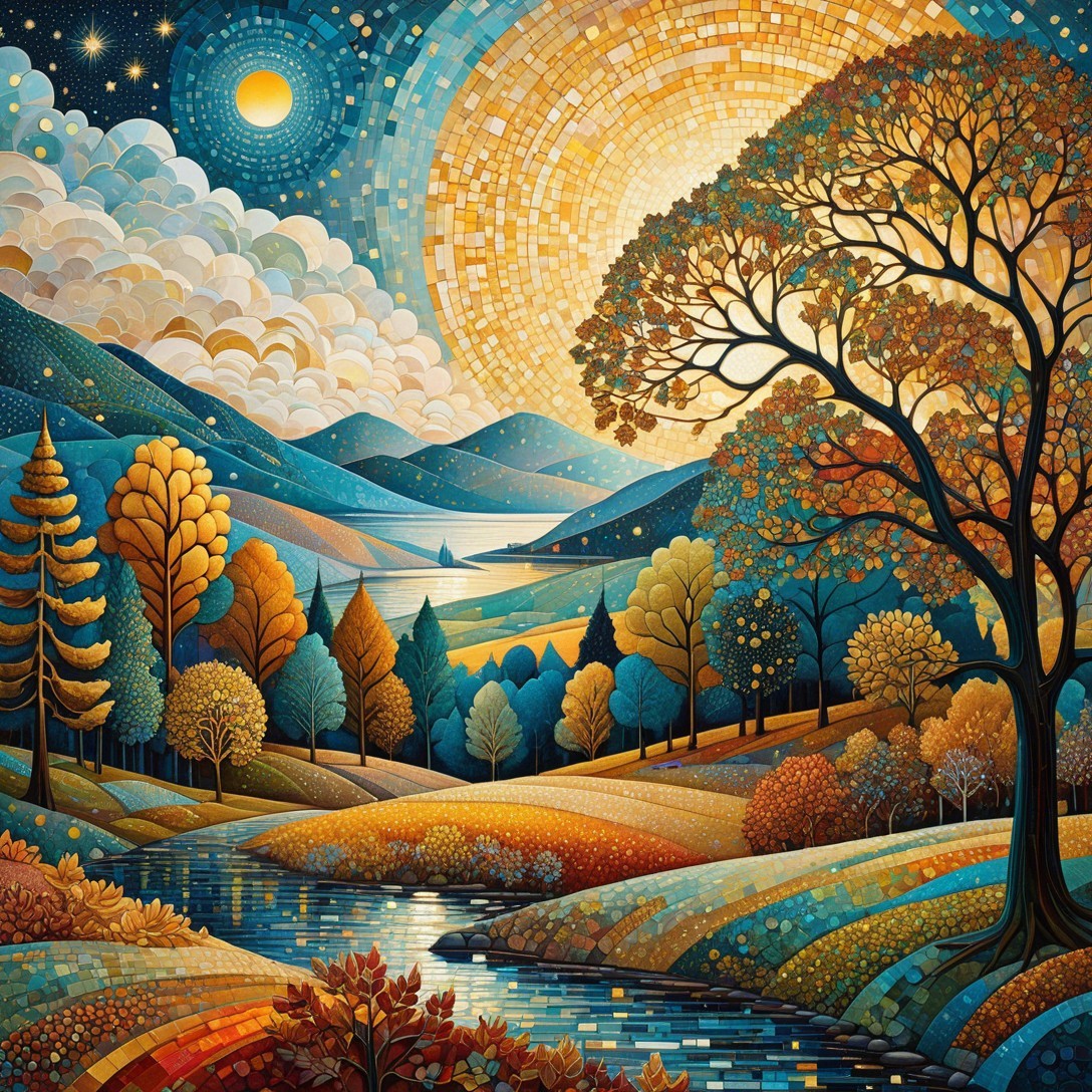 Mosaic Autumn Landscape with Tree, River, and Hills