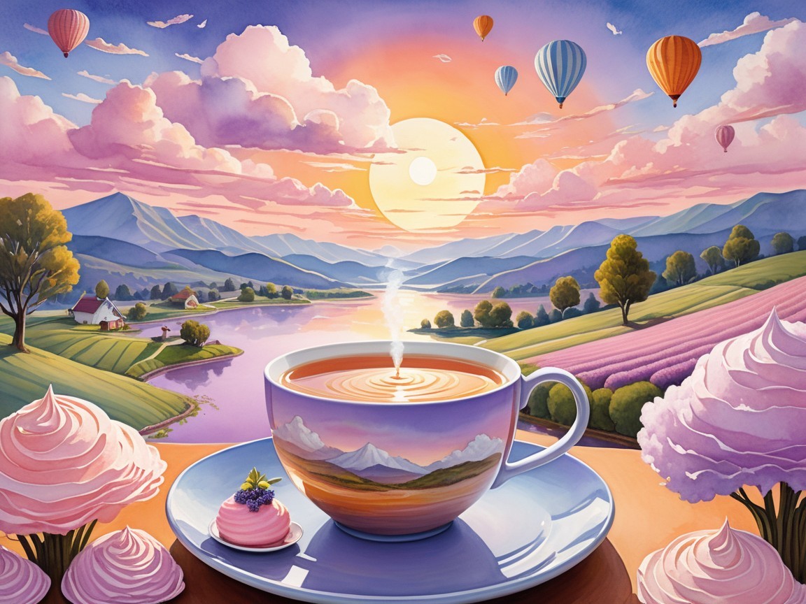 Serene Sunset Landscape with Coffee and Cupcakes