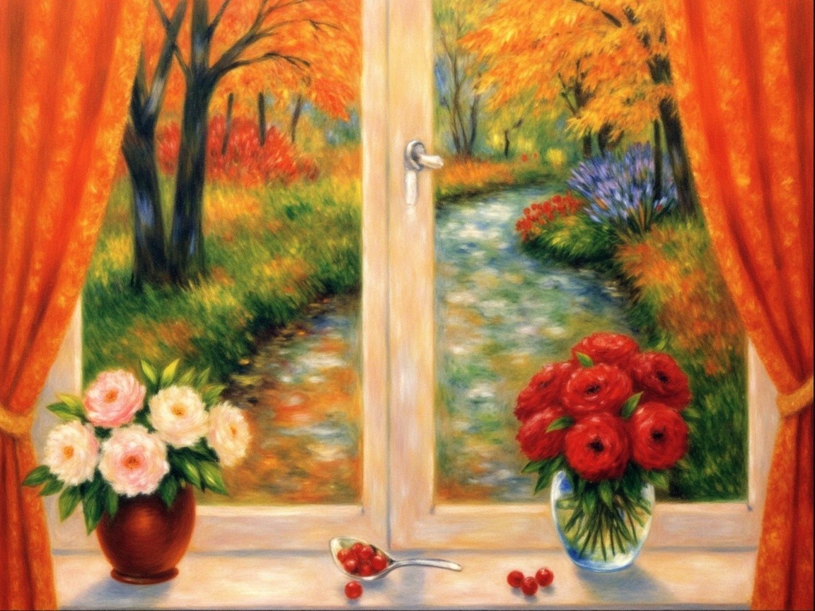 Autumn Landscape with Flower Arrangements on Windowsill