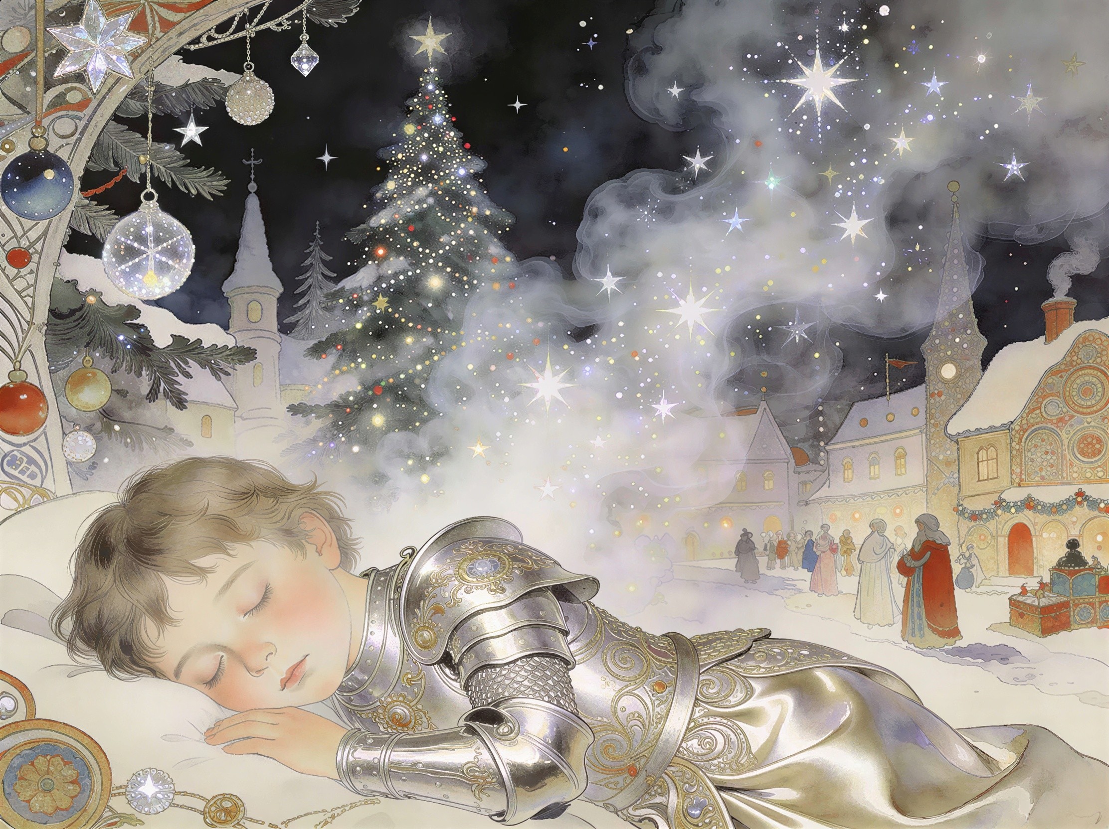 Dreamlike Christmas Watercolor Illustration with Boy