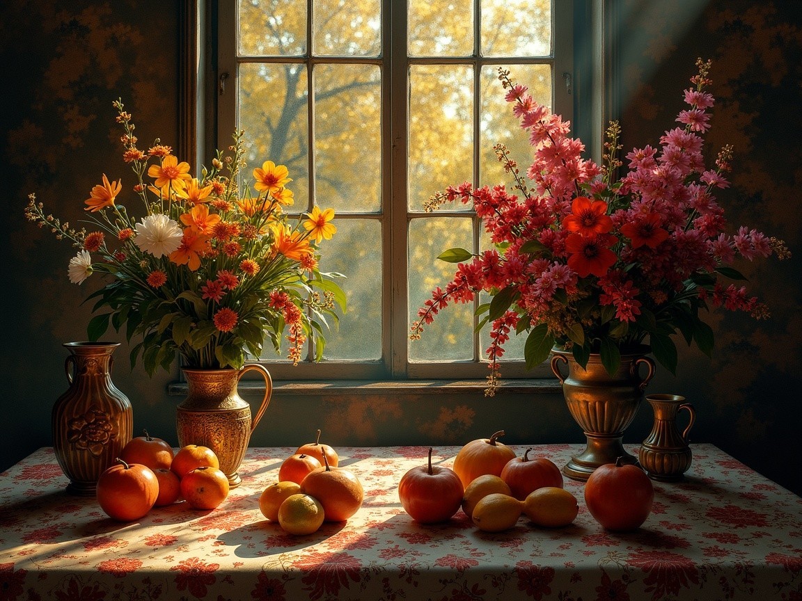 Sunlit Room with Floral Vases and Fresh Fruits