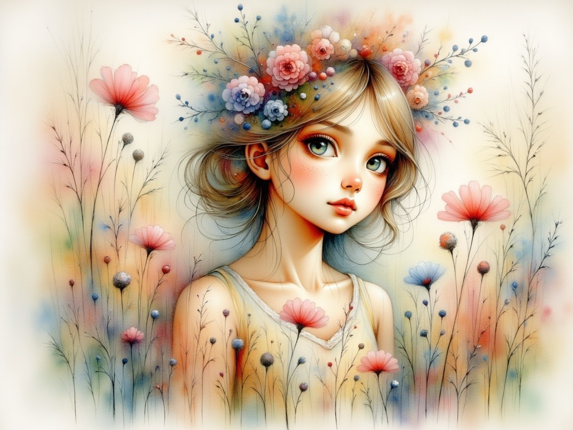 Young girl with floral crown in vibrant backdrop