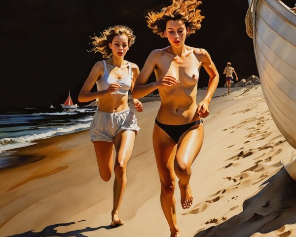 Women Running on Sandy Beach with Ocean Waves