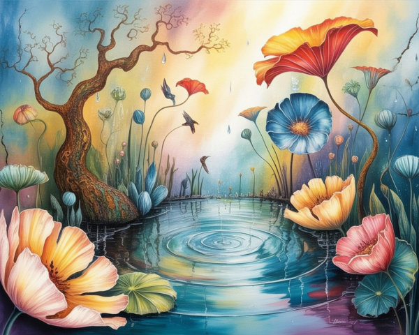 Surreal Landscape with Tranquil Pond and Colorful Flowers