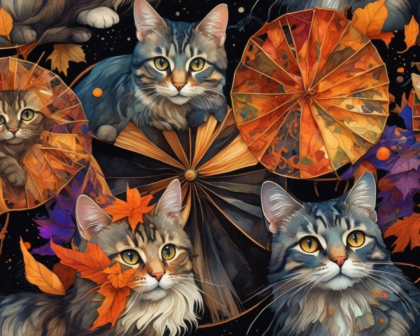Vibrant Illustration of Four Tabby Cats in Autumn