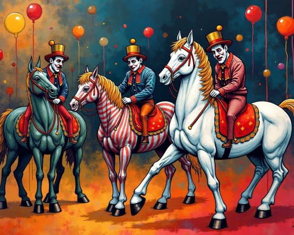 Whimsical Scene of Colorful Horses and Eccentric Riders