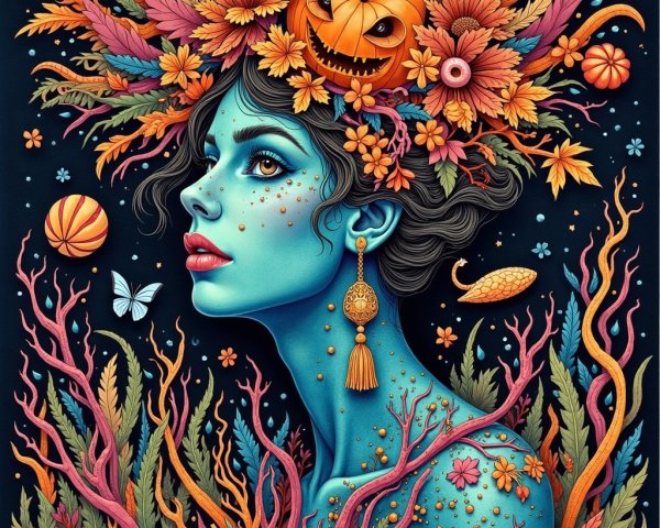 Blue-Skinned Woman Surrounded by Floral Elements