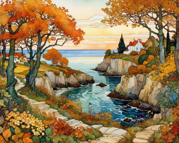 Coastal Landscape with Autumn Foliage and Sunset Sky