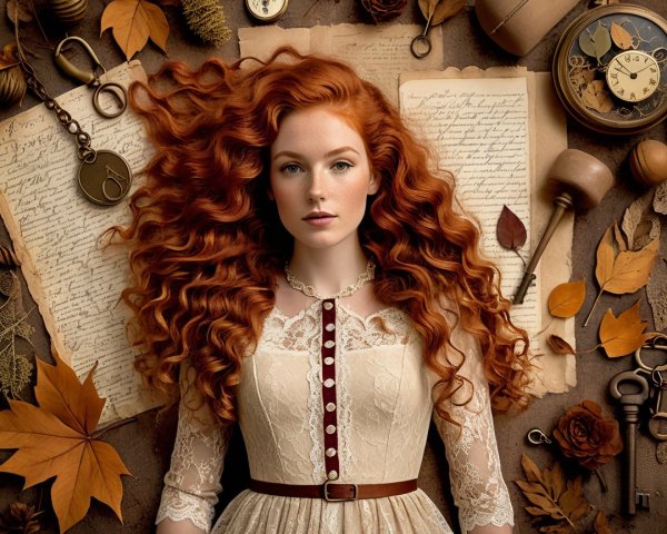 Young woman with red hair on vintage textured surface