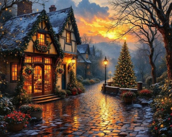 Festive Cottage Scene with Snow and Sunset Glow