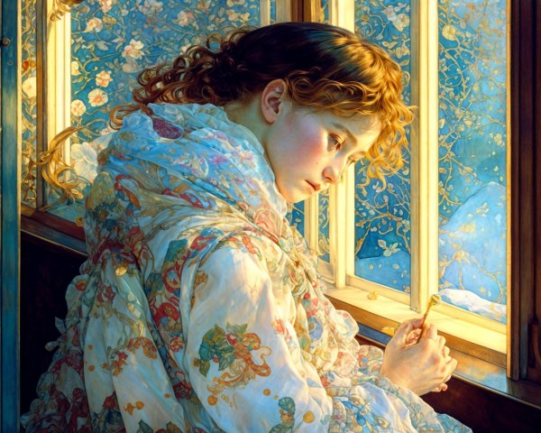 Young Woman in Warm Light Contemplating by Window