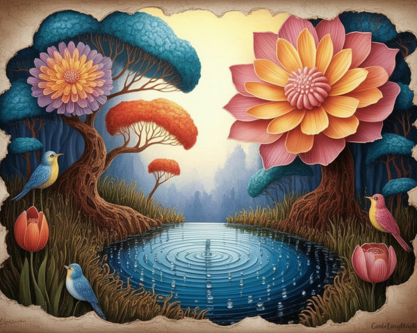 Vibrant Landscape with Colorful Foliage and Pond
