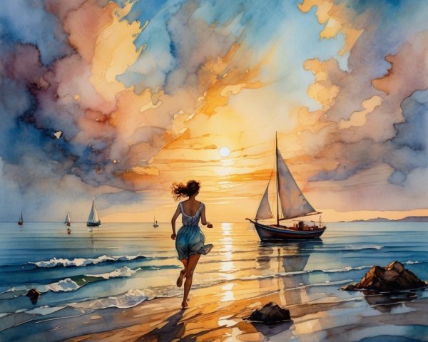 Serene Beach Sunset with Sailboats and Joyful Woman