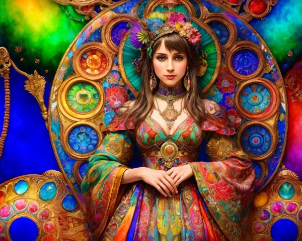 Elegant Woman in Colorful Floral Gown Against Ornate Backdrop