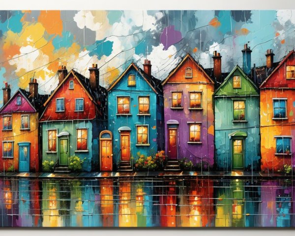 Vibrant Street Scene with Colorful Houses and Sky