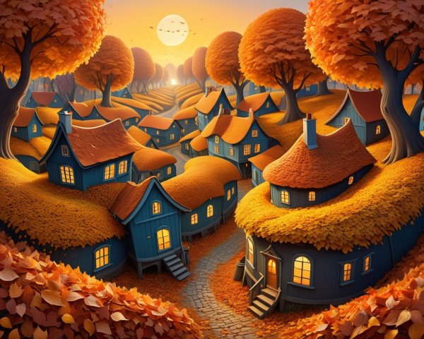 Charming Village with Blue Houses and Autumn Landscape