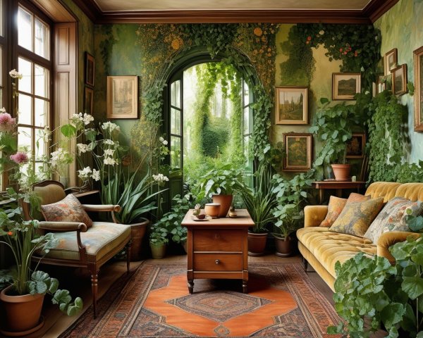 Serene Living Room with Lush Greenery and Cozy Decor
