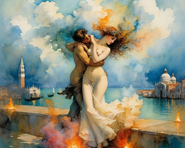 Watercolor Painting of Mythic Scene in Venice