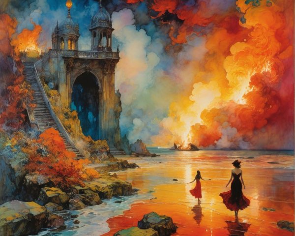 Surreal Landscape with Ornate Archway and Figures