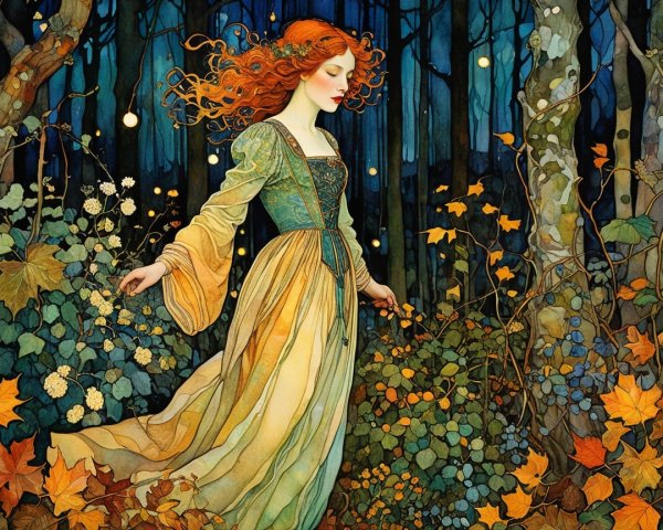 Young woman in flowing gown in mystical forest setting