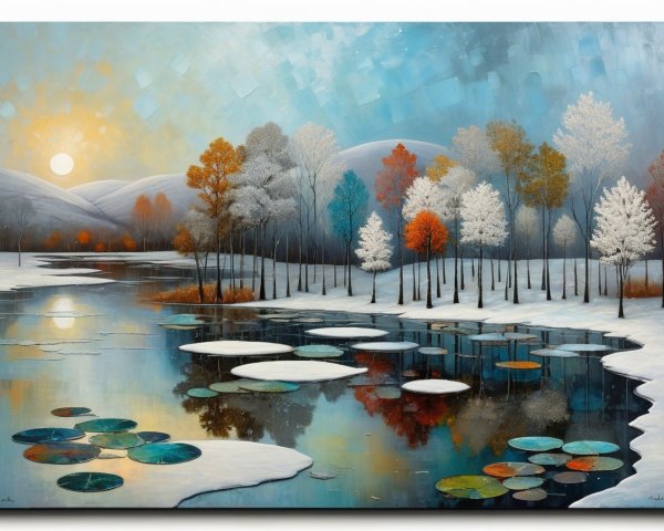 Serene Winter Scene of Tranquil Lake and Snowy Landscape