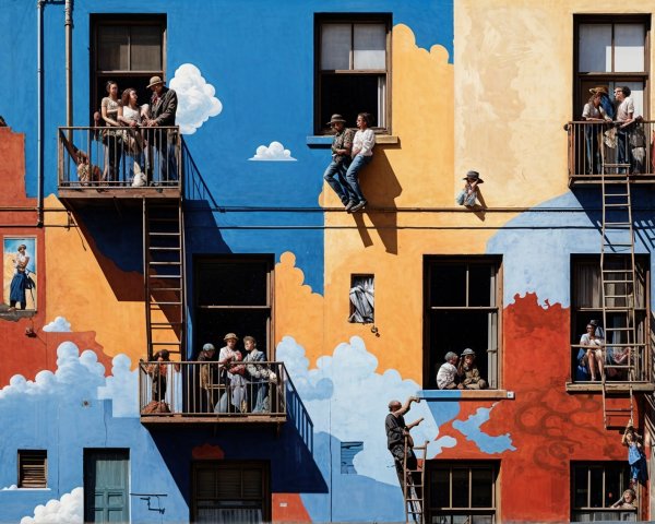 Vibrant Mural Depicting Community Life on Building