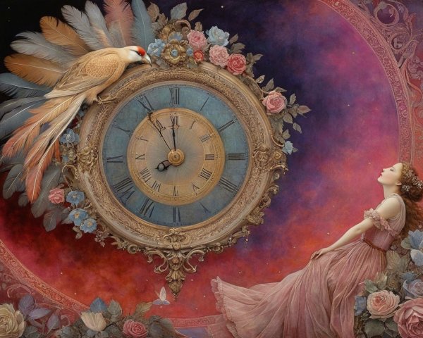 Dreamlike Scene with Woman, Clock, and Cosmic Backdrop