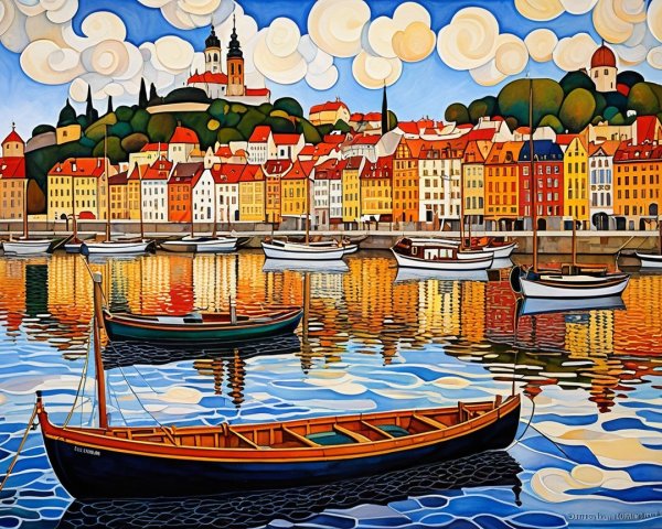 Vibrant Harbor Scene with Colorful Buildings and Boats