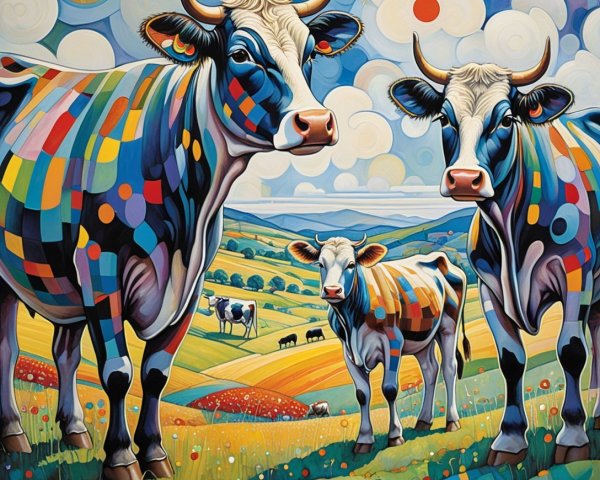 Abstract Landscape with Colorful Cows and Hills