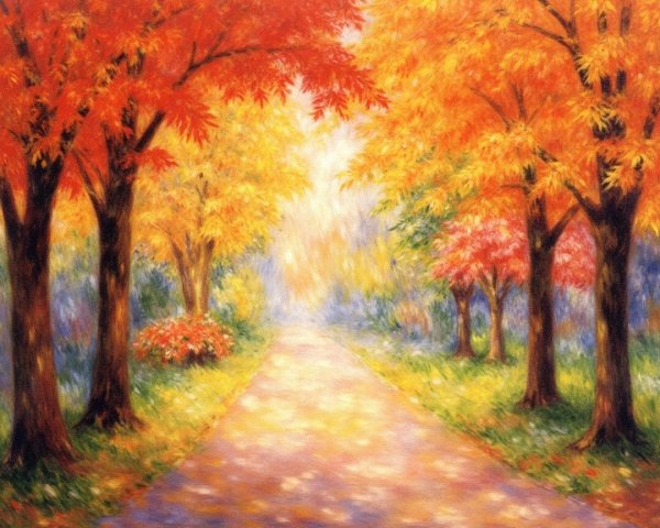 Autumn Forest Pathway with Colorful Foliage and Light