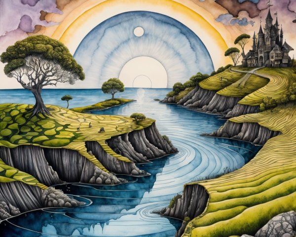 Whimsical Landscape with River, Castle, and Sunrise Sky