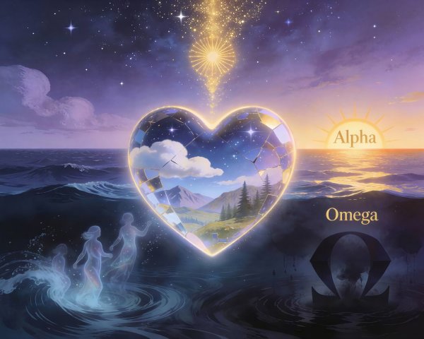 Heart-Shaped Object Reflecting Serene Landscape and Sky