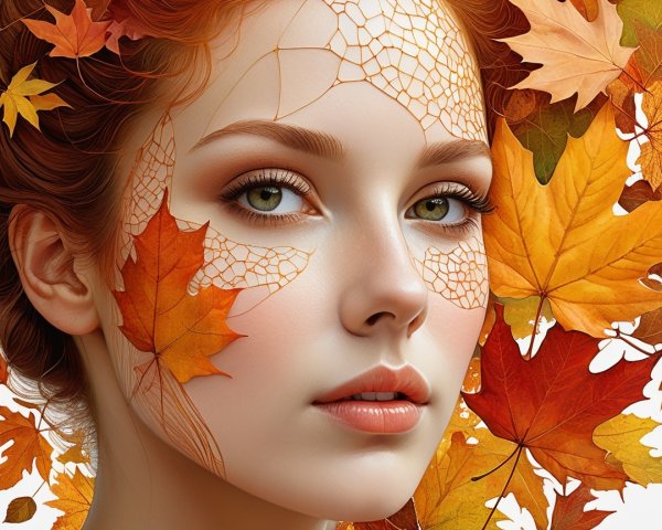 Portrait of a woman with leaf patterns and autumn hues