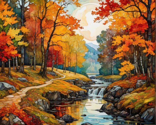Serene Autumn Landscape with Colorful Foliage and Stream