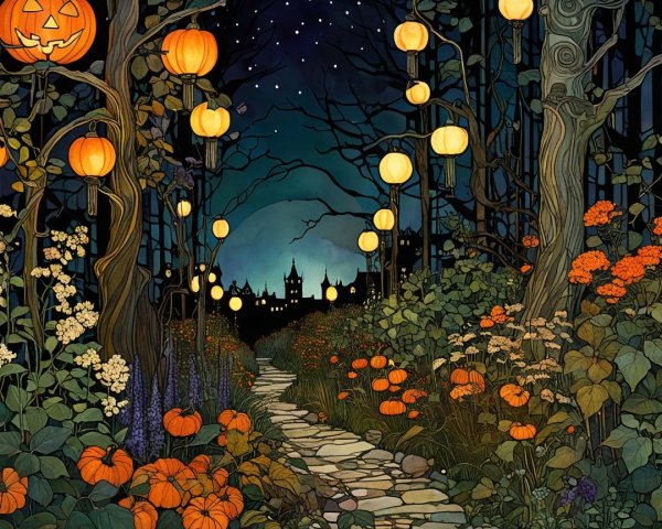 Winding Path in Enchanted Forest with Lanterns and Pumpkins