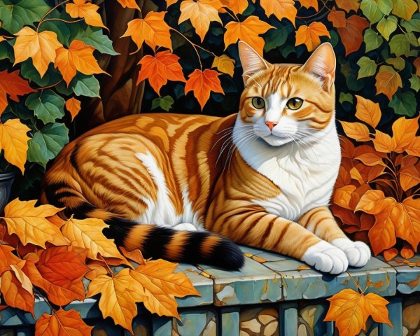 Orange Tabby Cat Among Autumn Leaves on a Bench
